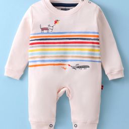 Mini Taurus Cotton Knit Full Sleeves Romper With Dog & Stripes Print - Peach-image-44