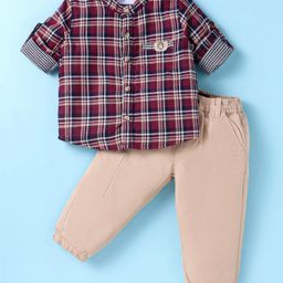 Simply Premium Cotton Woven Full Sleeves Mandarin Collar Checks Shirt & Pants Set -Wine & Beige-image-95