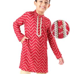 EARTHY TOUCH Woven Full Sleeves Chevron Printed Kurta with Mirror Work Detailing - Red-image-91
