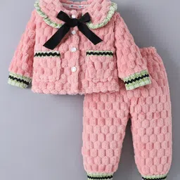 Kookie Kids Full Sleeves Winter Wear Night Suit With Bow Applique - Pink-picture-0
