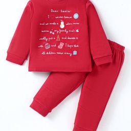 Zero Interlock Knit Full Sleeves T-Shirt & Jogger Set with Text Print - Red-image-93