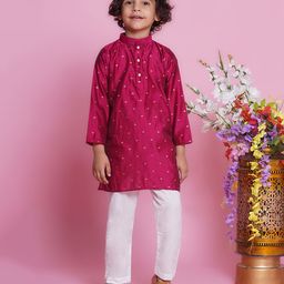 Little Bansi Full Sleeves Abstract Foil Printed Kurta With Solid Pyjama Set - Pink-10