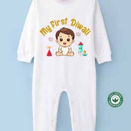 BLUSHES Diwali Theme 100% Cotton Full Sleeves My First Diwali Text Printed Romper - White-picture-29