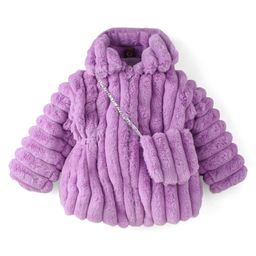 Little Kangaroos Fur Woven Solid Color Winter Jacket with Sling Bag - Purple-image-29