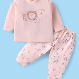 Zero Interlock Knit Full Sleeves Night Suit with Lion Print - Peach-image-99