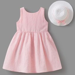 Mark & Mia Sleeveless Checkered Frock with Bow Detailing at the Back & Hat - Pink-image-30