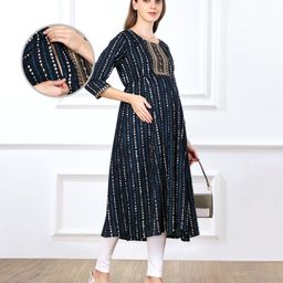 Bella Mama Woven Three Fourth Sleeves Printed Maternity Kurta WithEmbroidered Yoke & Pocket - Navy Blue-image-89