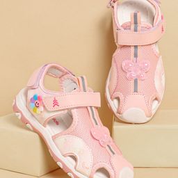 Pine Kids Sandals with Velcro Closure & Butterfly Applique - Pink-image-71