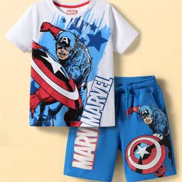 Pine Kids Marvel Single Jersey Knit Half Sleeves T-Shirt & Shorts Set With Avengers Graphics & Badge Detailing - White-picture-30