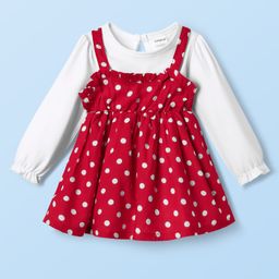 Babyhug Cotton Woven Full Sleeves Frock With Polka Dot Print - Red & White-image-52