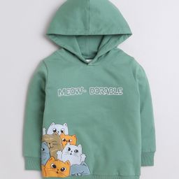BUMZEE Looper Knit Full Sleeves Cat Printed Hooded Sweatshirt - Green-image-54
