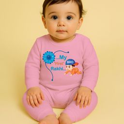 The Peppy Tend 100% Cotton Knit Raksha Bandhan Theme Full Sleeves My First Rakhi Text Printed Romper - Pink-image-57