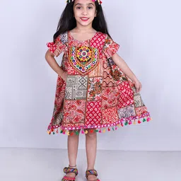 Aglare Navratri Theme Cotton Woven Half Sleeves Mirror Patch Detailed Ethnic Printed Dress With Cap - Multi Colour-picture-18