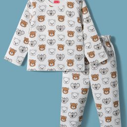 Babyhug Knit Full Sleeves Winter Wear Co-ords Night Suit With Bear Print - White-picture-9