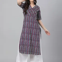 KALINI Geometric Printed Angrakha V-Neck Pure Cotton Straight Kurta-image-99