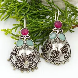 BLACKBOX Artificial Stones Studded Dome Shaped Oxidized Jhumkas-9