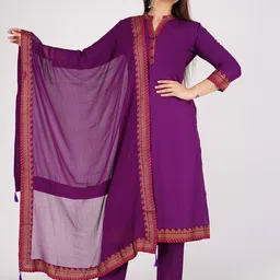 rf clothes Ethnic Motifs Printed Mandarin Collar Straight Kurta With Trousers & Dupatta-image-1
