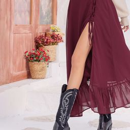 JC Mode Women Lace-Up Front Ruffle Hem A-Line Maxi Skirt-picture-3