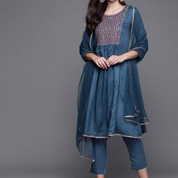 Biba Women Teal Blue Embroidered A-Line Kurta with Trousers & Dupatta-picture-11