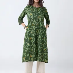 Utsa by Westside Green Botanical Pattern Cotton A-Line Kurta-picture-1