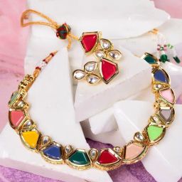 Saraf RS Jewellery Gold Plated Multicolour Kundan studded modern Necklace Jewellery Set-image-24