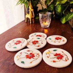Peepul Tree White Marble Coaster Set with Red Inlay | Elegant Drink Coasters for Stylish Decor-22