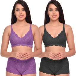 AROUSY Purple & Black Self Pattern Bra Panty Set - Pack Of 2-image-66