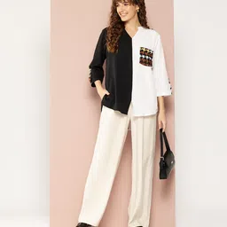 Qurvii Colourblocked Mandarin Collar Roll-Up Sleeves Crepe Shirt Style Longline Top-picture-28