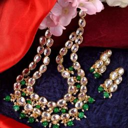 Saraf RS Jewellery Gold Toned Double line Kundan & Green Beaded Necklace Jewellery Set-13