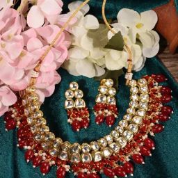 Saraf RS Jewellery Gold Toned Kundan & Red Bead studded Handcrafted Jewellery Set-23