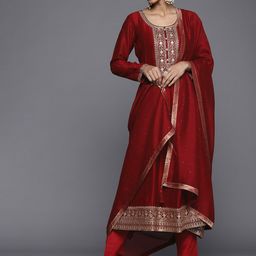 Libas Women Maroon Floral Embroidered Sequinned Kurta with Trousers & Dupatta-35