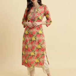 Varanga Beige Cotton Floral Print Straight Kurta-picture-27