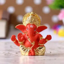 Gold Plated Orange Mukut Ganesha Decorative Showpiece for Home/Temple/Office/Car Dashboard-23