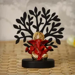 Gold Plated Red Mukut Ganesha Showpiece with Wooden Tree for Home/Temple/Office/Car Dashboard-20