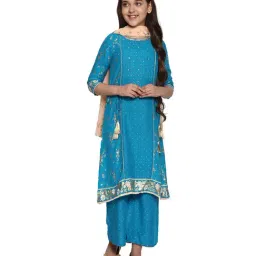 Aurelia Kids Blue & Peach Embellished Kurta, Palazzos with Dupatta-picture-1
