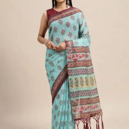 Janasya Blue Floral Print Saree With Unstitched Blouse-image-29