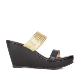 Bata Women's Black & Gold Casual Wedges-image-65