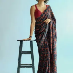 Suta Blue & Orange Printed Saree Without Blouse-image-58