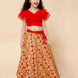 Piccolo Kids Red Zari Flared Lehenga & Blouse-image-26