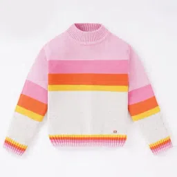 Ed-a-Mamma Kids Pink & Orange Cotton Color Block Full Sleeves Sweater-image-92