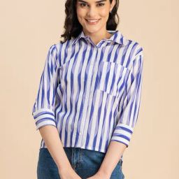 Moomaya Purple & White Cotton Striped Shirt-image-9