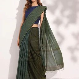 Fabindia Forest Green & Blue Cotton Chequered Saree-picture-20