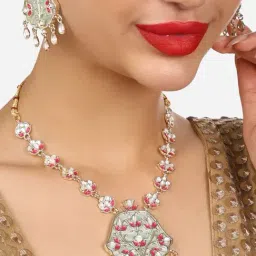 Zaveri Pearls Mint Green & Pink Stones Embellished Floral Design Necklace & Earring Set-ZPFK17664-image-73