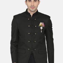 Wintage Men Black Solid Regular Fit Bandhgala Blazer-48