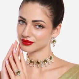 Zaveri Pearls Green Kundan & Austrian Diamonds Choker Necklace Earring & Ring Set-ZPFK16631-image-76