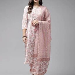 Prakrti White Cotton Floral Print Kurta With Pant & Dupatta-image-2