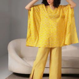 Libas Yellow Cotton Printed Kaftan & Palazzo Set-image-56