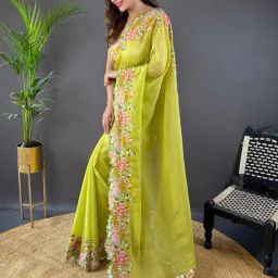 Saree Mall Lime Green Organza Embroidery Saree with Blouse Piece-image-98