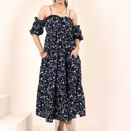 KAORI BY SHREYA AGARWAL Women Floral Print Cold-Shoulder Crepe Empire Midi Dress-image-49