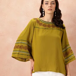 all about you Embroidered Flared Sleeve Crinkle Top-image-5